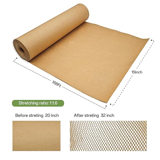Honeycomb Packing Paper, 15" x 168' Honeycomb Cushioning Wrap Roll for Moving Shipping Packaging Gifts, Recyclable Honeycomb Paper Moving Supplies Bubble Paper Wrapping Protective Roll