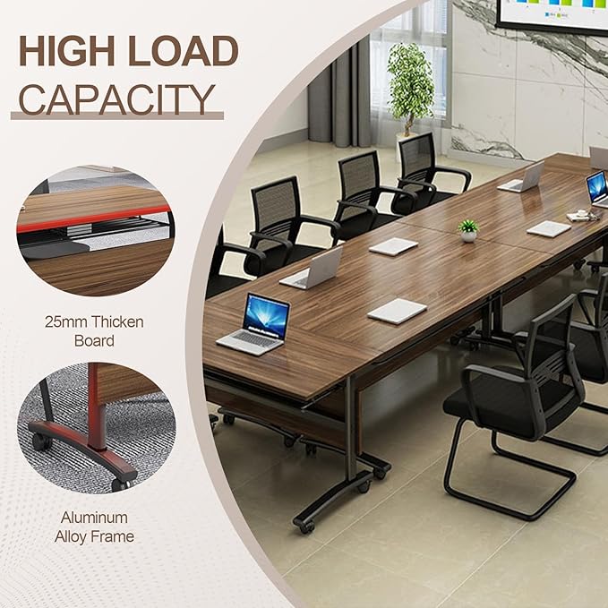 Folding Conference Room Table, Modern Conference Tables with Wheels, Large Rectangular Mobile Training Tables for Office Classroom, Foldable Modular Boardroom Seminar Table Walnut (2pack L55.1in)