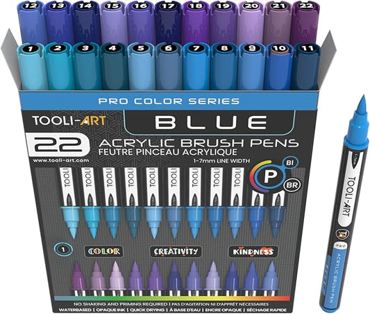 22 Flexible Brush Tip Acrylic Paint Pens Markers Set 1-7mm Line for Rock Painting, Brush Lettering, Glass, Mugs, Wood, Metal, Canvas, Fabric, Plastic. Non Toxic Waterbased Quick Drying Assorted Blue
