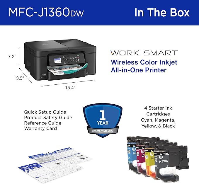 Brother Work Smart 1360 Wireless Color Inkjet All-in-One Printer with Automatic Duplex Printing and 1.8” Color Display | Includes Refresh Subscription Trial(1) (MFC-J1360DW) (Uses LC501 Series Inks)