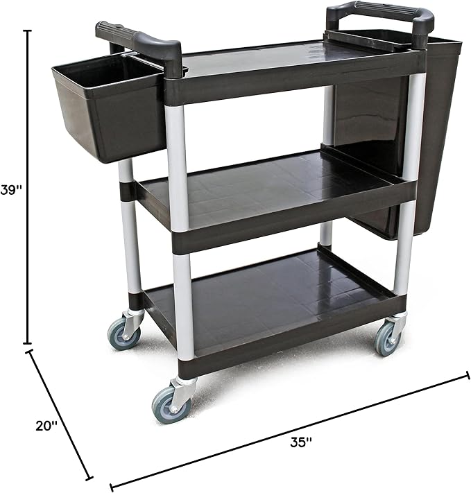 New Star Foodservice 54538 250-Pound Plastic 3-Tier Utility Bus Cart with Locking Casters, 32" x 16" x 38", Black