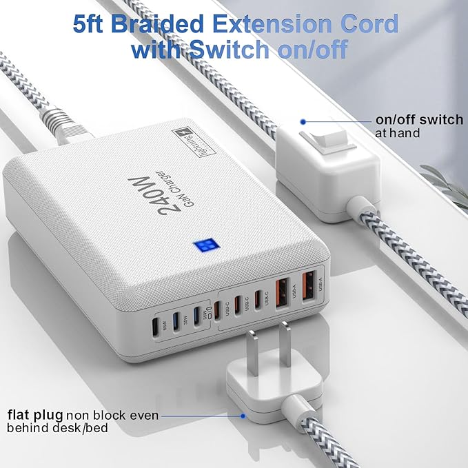 240W Fast Charging Blocks, 8-Port Charging Station for iPhone/Ipad/MacBook, 6C2A PD GaN Charger Box, USB Tower Hub 5ft Braided Power Cord with On/Off Switch, Flat Plug, Travel Essentials