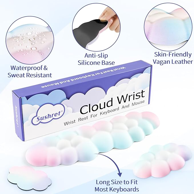 Cloud Wrist Rest Keyboard, Cloud Palm Rest Set with PU Leather Memory Foam, Cute Keyboard Rest for Wrist Support and Arm Rest, Desk Cloud Wrist Pad for PC/Gaming/Hand Cushion/Computer-Rainbow