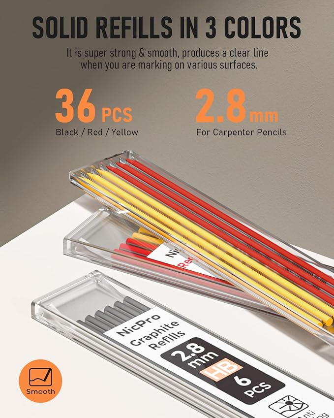 Nicpro 3 Pack Carpenter Pencil with Sharpener & Holder, Mechanical Carpenter Pencils with 39 Refills (Red, Black, Yellow), Heavy Duty Construction Pencils Woodworking Pencils for Contractor, Architect