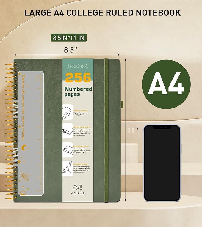 A4 Spiral Notebook Journal 8.5” x 11”, 256 Numbered Pages Hardcover Leather Journals for Women Men, Large Lined College Ruled Notebooks, 100GSM Thick Paper, Spiral Bound Journal for Work School, Green