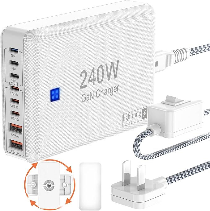 240W Fast Charging Blocks, 8-Port Charging Station for iPhone/Ipad/MacBook, 6C2A PD GaN Charger Box, USB Tower Hub 5ft Braided Power Cord with On/Off Switch, Flat Plug, Travel Essentials