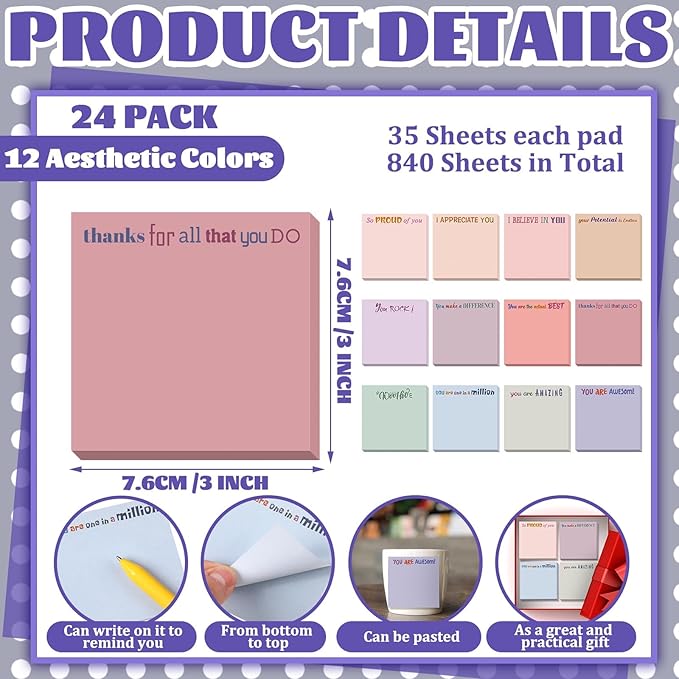 Yinder 24 Pcs Inspirational Sticky Notes with Lines Cute Motivational Sticky Notes Pad Employee Appreciation Gifts Bulk for Teacher Nurse Coworkers Office Supplies 3 x 3''(Aesthetics,Thank You)