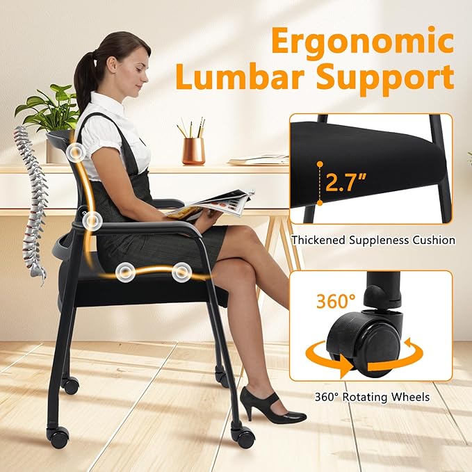 Waiting Room Chairs with Wheels, Adjustable Mesh Backrest, Desk Chair with Ergonomic Lumbar Support and Thickened Seats Cushion, 2 Pack Black