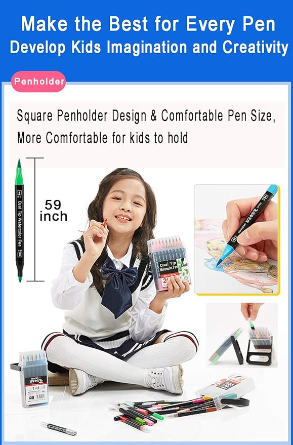 WQIYA Dual Tip Markers for Kids, Washable Art Markers Set with Stand, Portable Box, Gift for Kids (36 Colours)