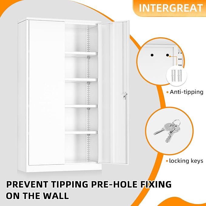 INTERGREAT Metal Storage Cabinet with Doors and Shelves,72" H White Steel Tool Locking Cabinet, Metal Storage Cabinet for Home Office, Warehouse, School