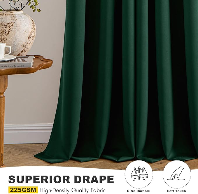 MIULEE Hunter Green Blackout Curtains for Bedroom Living Room 96 Inches Long 2 Panels, Thermal Insulated Room Darkening Drapes Solid Grommet Top Noise Reduction Emerald Green Curtains 40x96 Inch