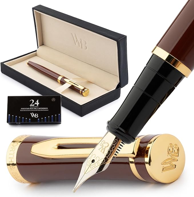 Wordsworth & Black Fountain Pen Kit, 18K Medium Gold Nib, Includes 24 Ink Cartridges, Ink Refill Converter and Gift Box, Gold Finish, Calligraphy, [Golden Brown]