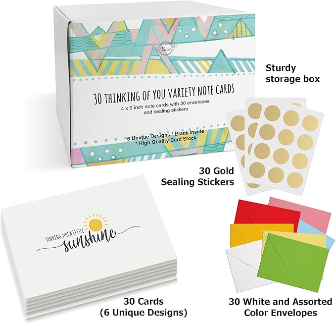 Dessie 30 Fun Thinking of You Cards With Envelopes. 30 4x6 Inch Note Cards With Envelopes Set - Blank Inside. 6 Unique Designs. Assorted Color Envelopes and Gold Seals. Sturdy Storage Box
