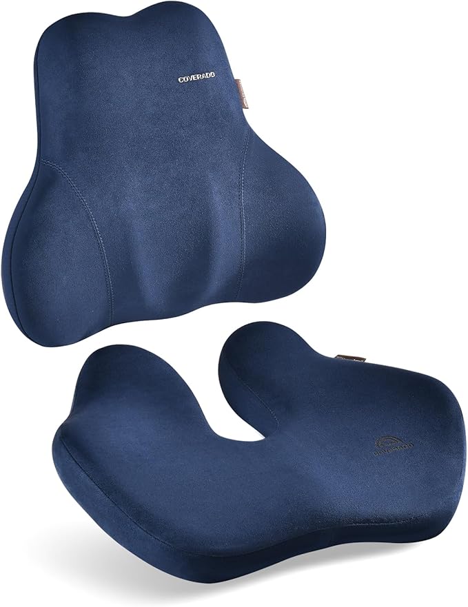 Coverado Memory Foam Car Seat Cushion and Lumbar Support Pillow for Car, Ergonomic Office Chair Cushion for Lower Back Pain Relief, Breathable & Non-Slip for Car, Home, and Office Use, Blue