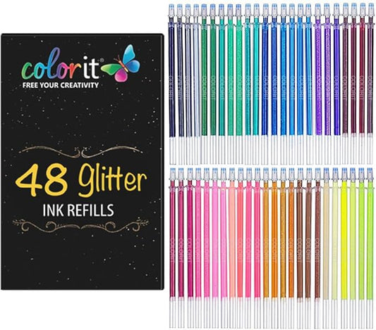 ColorIt 48 Gel Pen Ink Refills for Glitter, Metallic, and Neon - Color Coded for Easy Replacement (Glitter) - Pen Refills