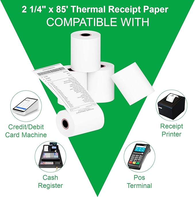 2 1/4 x 85 Thermal Paper Rolls, 5 Rolls 2.25 x 85 ft Credit Card Receipt Paper, Premium Thermal Receipt Paper Fits All POS Cash Registers, Credit Card Terminal (2 1/4" x 85' Reciept Paper 5 Rolls)