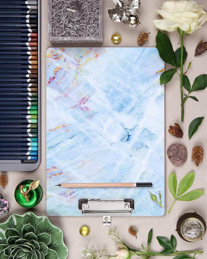 Clipboard, Decorative Marble Clipboard, Designed Clipboard, WAVEYU Cute Hardboard Office Clipboard with Low Profile Clip for Students Classroom School and Office Use, Blue (12.5"x9")