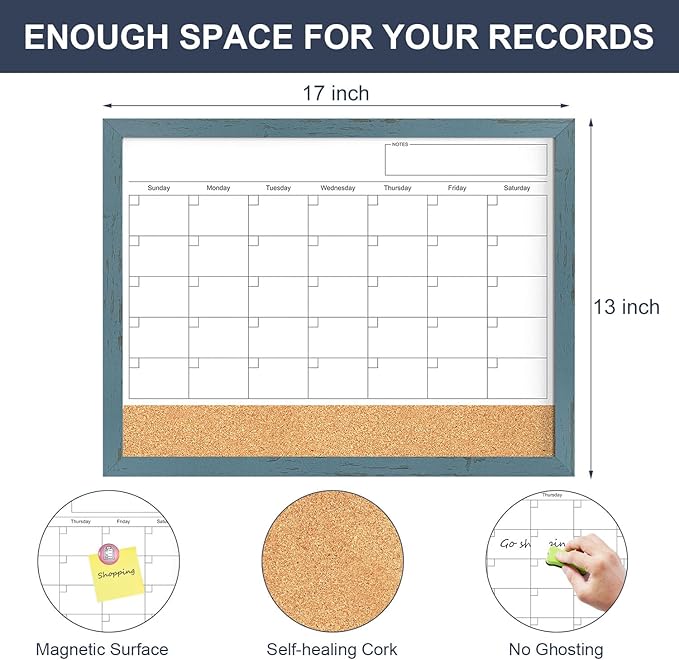 Whiteboard Calendar & Corkboard for Wall, 17"x13" Dry Erase Monthly Calendar with Wood Framed, Magnetic White Board Cork Board Combo, Calendar Bulletin Board for Home Office Kitchen Memo Planner