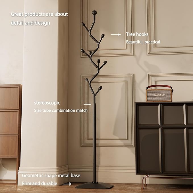 Tree-shaped coat rack stand,Metal coat tree with 8 Hooks and sturdy cast iron base,Heavy Duty coat rack freestanding coat hanger stand for Clothes Hats Scarfs Purses (black)