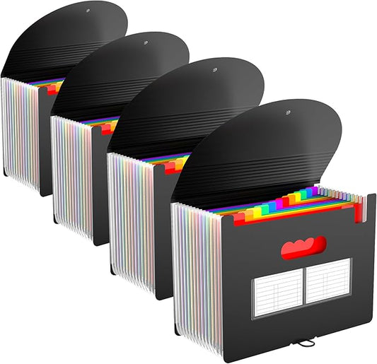 4 Pack Expanding File Folder with Blank Label, 12 Pocket Accordian File Organizer Document Storage Organizer, Desktop Accordion Folders File Keeper A4 Letter Size for Home School Office