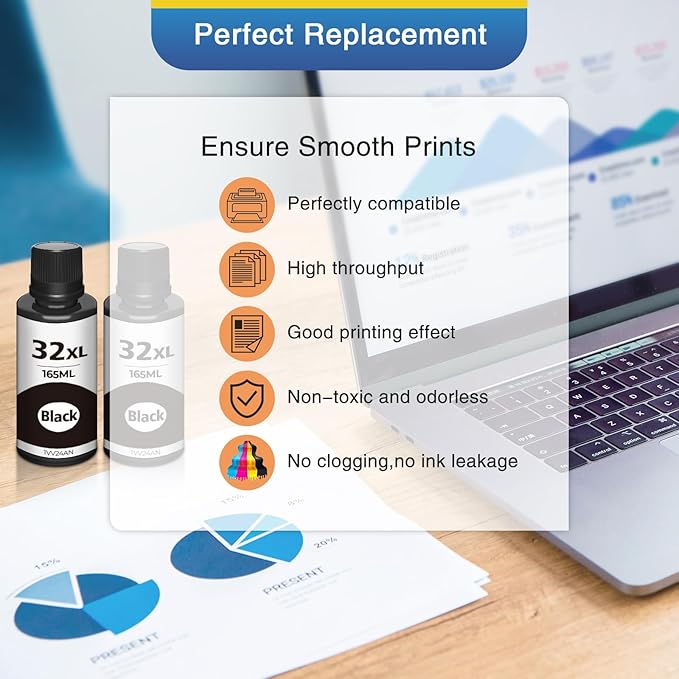 31 32XL Black Ink Bottles Set Compatible Replacement for HP 31 32XL Compatible for HP Smart-Tank 7301 7602 5101 7001 6001 5103 Ink Refill, Smart-Tank Plus 651 551 455 All-in-One Printer 2P
