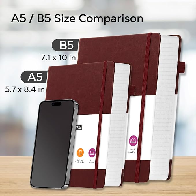 Thick Notebook Journals for Writing, Hardcover College Ruled Notebook Lined Journal for School Office Women and Men Work Organization, B5, 7.1'' X 10'', Burgundy, 320 Pages