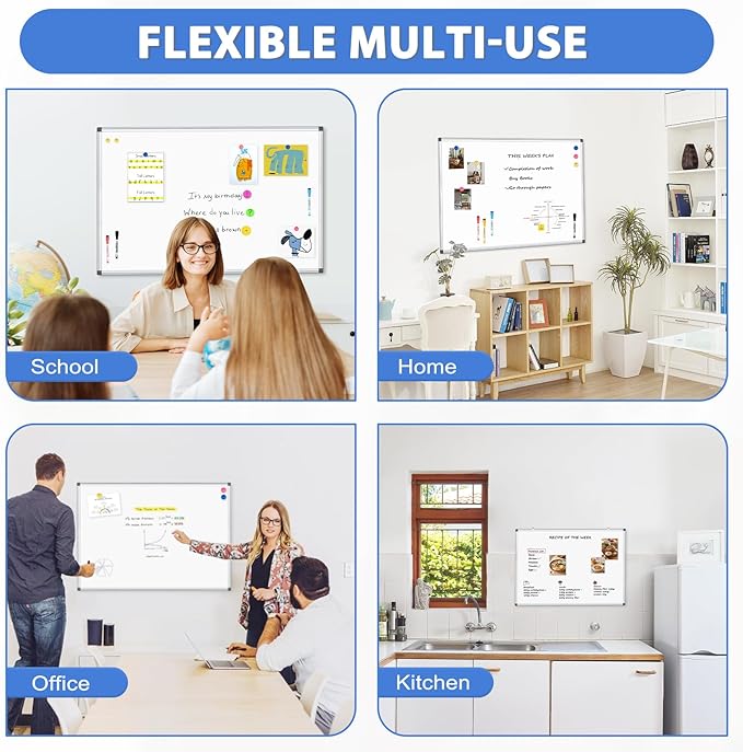 WALGLASS Large White Board, 60" x 40" Double-Sided Dry Erase Board Magnetic Whiteboard for Wall, Hanging Mounted Whiteboard Silver Aluminium Frame for Home, School, Office