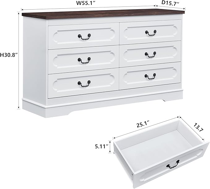 LIDYUK 6 Drawer Dresser for Bedroom Farmhouse WhiteTall Wood Chest of Drawers for Bedroom Dresser, Modern Rustic 55" Wide Drawers Dressers Wooden Closet and Storage Cabinet, Hallway, Living Room