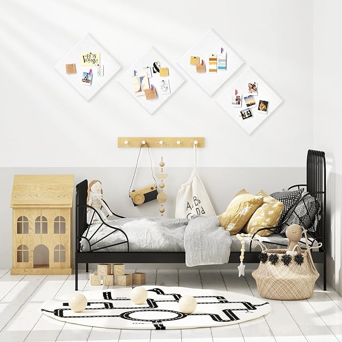 4 Pack Cork Board Tiles 12x12 Inches, 1/2" Thick Felt Cork Squares with 30 Push Pins, Bulletin Board Pin Board, Adhesive Cork Board for for Wall for Home, Office, and Kitchen (White)