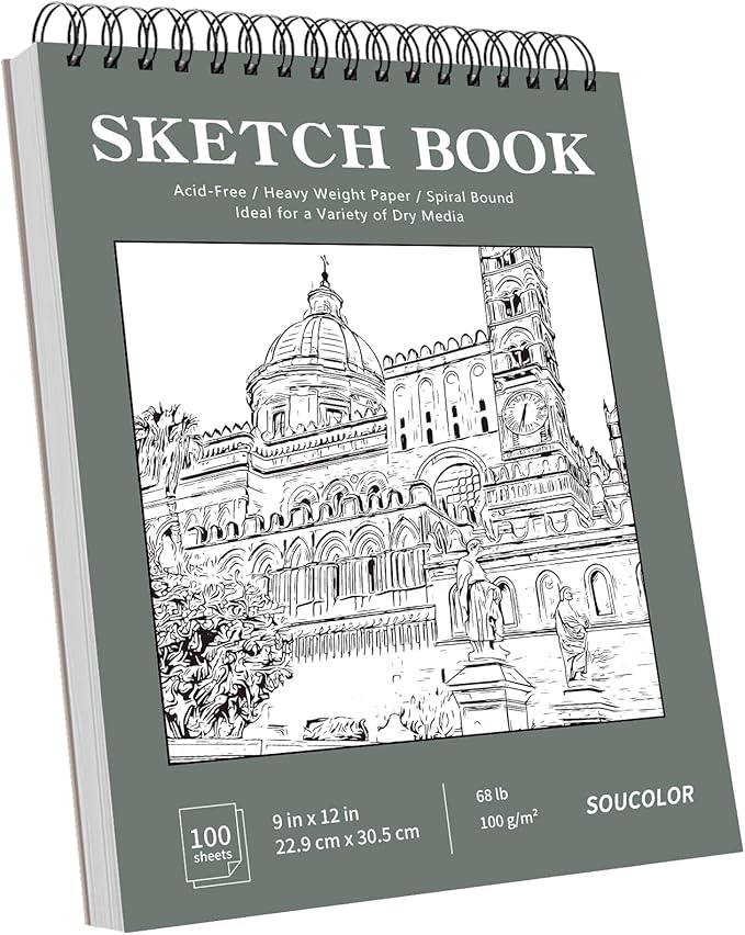 Soucolor 9" x 12" Sketch Book, Back to School Supplies, 1-Pack 100 Sheets Spiral Bound Art Sketchbook, Acid Free (68lb/100gsm) Artist Drawing Book Paper Painting Sketching Pad, College Essentials