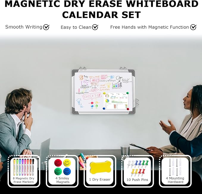EAONE 16x12 in Double Side Whiteboard Calendar & Cork Board Combo for Wall, 3 in 1 Magnetic Dry Erase Whiteboard Monthly Calendar and Bulletin Board with Aluminum Frame for Home Office Kitchen