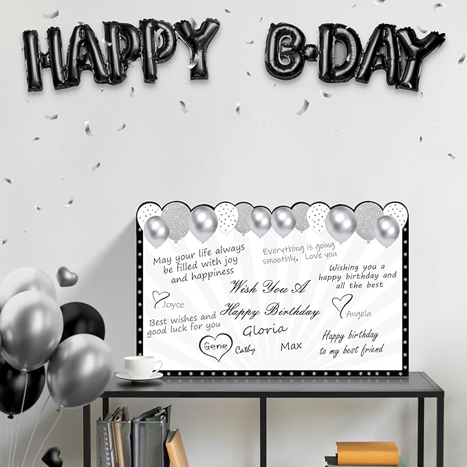 Jumbo Birthday Card with Envelope, Giant Guest Book Happy Birthday Greeting Cards, Large Birthday Card Gifts Party Supplies, Black White Silver Extra Big Birthday Card Decor