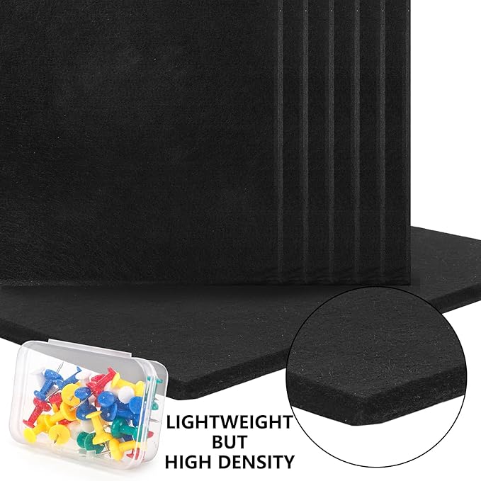 YOUEON Black Felt Bulletin Board for Wall 48" x 36", 12 Pack Black Cork Board Alternative with Pushpins & Self Adhesive Stickers, Soundproof Wall Tiles, Pin Boards for Home Office School