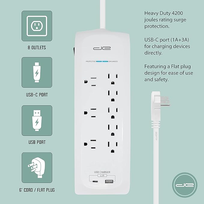 Digital Energy 25 FT USB-C and USB-A 8 Outlet 4200 Joules Surge Protector Power Strip, 3 Wide Spaced Outlets, White