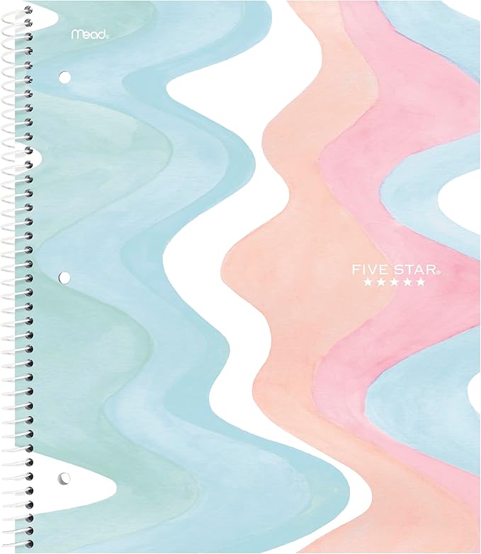 Five Star Spiral Notebook + Study App, 2 Pack, 1 Subject, Wide Ruled, 8" x 10-1/2", 80 Sheets, Fights Ink Bleed, Water Resistant Cover, Pastel Waves and Brush Strokes (930210F-ECM)