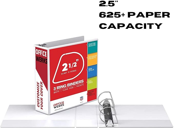 Office Werks 3 Ring Binder, Professional D Ring Binder 2.5 Inch, 12 Presentation Folder for Standard Pages 8.5 x 11 with Pockets, Crystal Clear View White Binder (12 Pack)