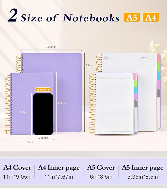 5 Subject Notebook College Ruled, Hardcover Spiral Notebook with Removable Pocket Dividers Tabs, 240 Pages Lined Spiral Journal Notebook for Women, 6x8.5 Notebooks for Work School Note taking A5 purple