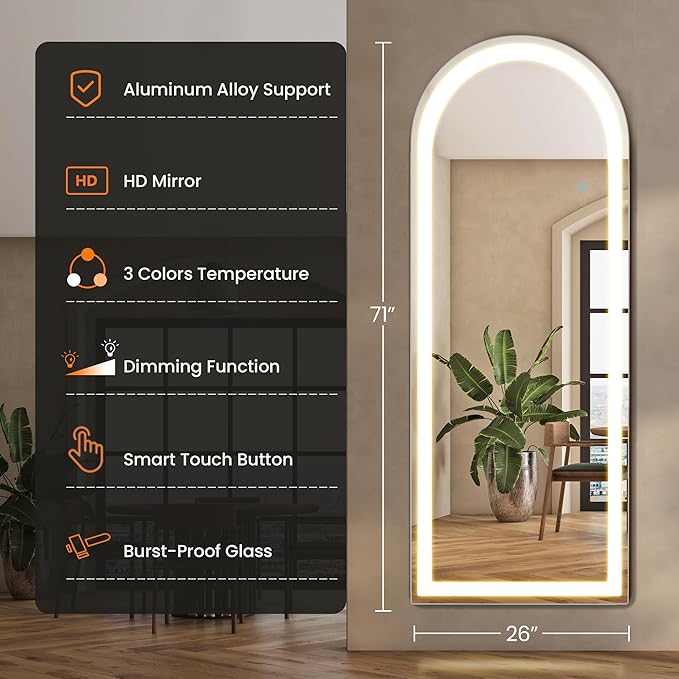 71" x 26" Arched Full Length Mirror with LED Lights, Floor Mirror with Stand, Full Length Body Floor Mirrors, Wall Mounted Mirrors for Bedroom Dimmable Tempered Glass