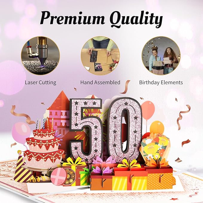 50th Birthday Card for Women Mom, Jumbo 3D Pop Up 50th Valentines Day Gifts Card for Wife Her, Happy 50th Birthday Decorations for 50 Year Old Women Funny Birthday Gifts, Review of 1975, Pink