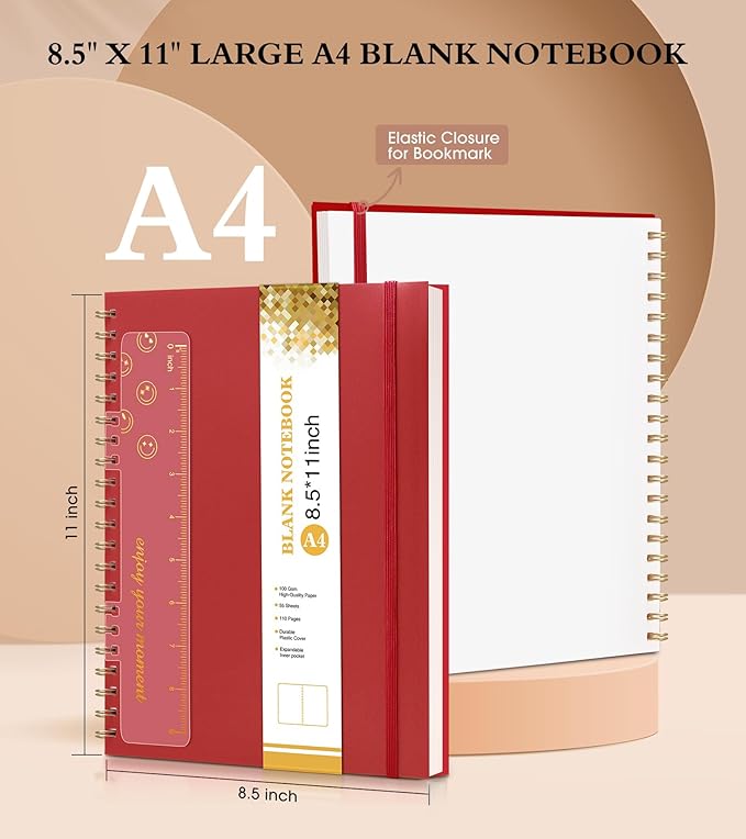 Blank Spiral Notebook Journal 8.5” x 11”, A4 Large Sketch Book for Women Men, 100 GSM Blank Paper Drawing Notebook, Plastic Hardcover Spiral Bound Sketchbook for Sketching Work School Writing, Red