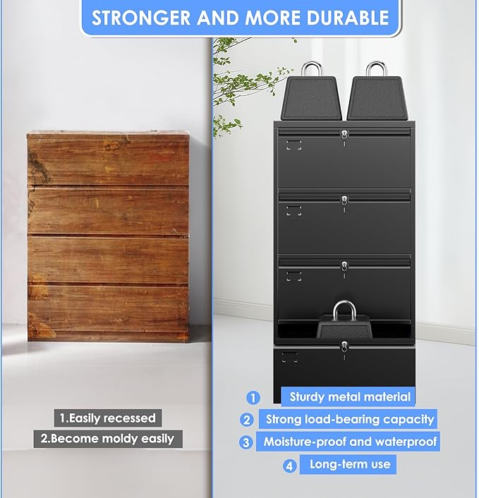 Aobabo 4 Drawer Wide Lateral File Cabinet, Metal Filing Cabinet with Lock, Suitable for Home Office School Hanging Files Letter/Legal/F4/A4 Size,Black,Required-Assembly,15.87" D x 28.94" W x 57.17" H