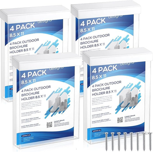 4 Pcs Outdoor Brochure Holder 8.5 x 11 with Lid Acrylic Wall Mount Flyer Box with Self Closing White Lid Waterproof Clear Heavy Duty with Screws for Real Estate Flyer Document Pamphlet Disp