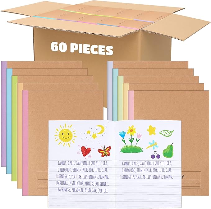 Henoyso 60 Pcs Primary Composition Notebook 9 3/4 x 7 1/2 Inch Kids Journal, Back to School Supplies, K-2 Primary Writing Notebook for Kids Student Draw and Write Story Journal (Macaron Color)