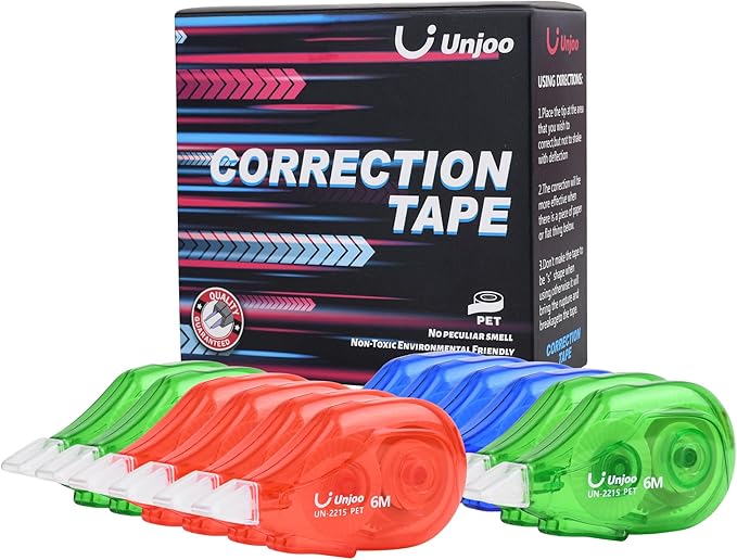 White Correction Tape, Easy To Use Applicator for Instant Corrections Wrong Writing At Any Time, For school, Office (6M/256" x 0.2",3 colors,12pack)
