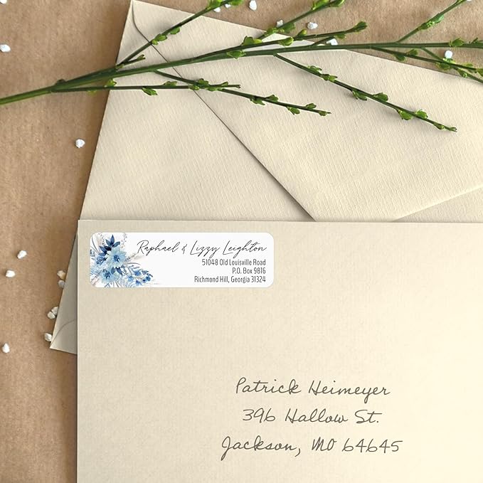 Blue Floral Rolled Address Labels / 250 Personalized Return Address Labels/Designer Address Stickers in Elegant Plastic Dispenser