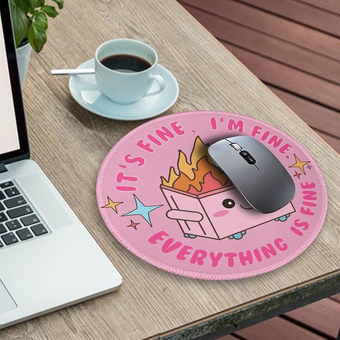 Funny Round Mouse Pad for Desk, Cute Office Decor for Women, Dumpster on Fire Small Mousepad，Stitched Edge Non-Slip Rubber Base, Personalized Computer Mouse Pads for Wireless Mouse，Desk Accessories
