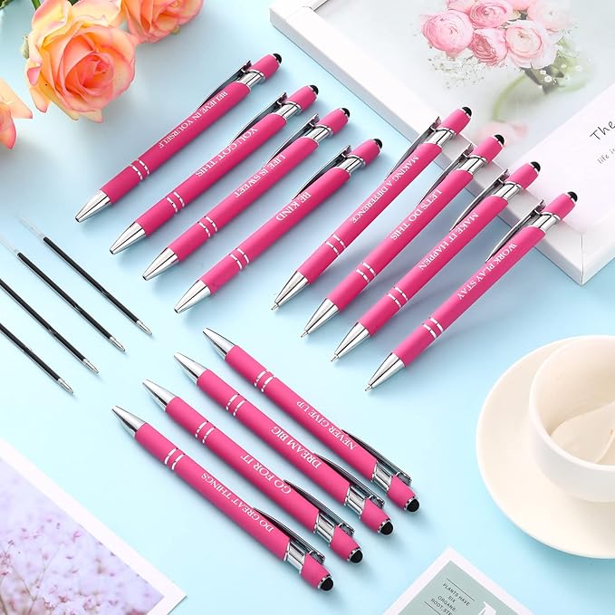 Zonon 12 Pieces Inspirational Pens Bulk Easter Basket Stuffers Motivational Quotes Ballpoint Pens with Stylus Tip Inspirational Gifts for School Office Teachers(Pink,Motivational Style)