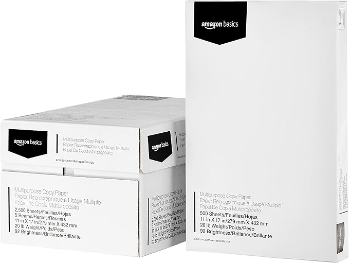 Amazon Basics Multipurpose Copy Printer Paper, 20 lb, 11 x 17 Inches, 5 Reams (2,500 Sheets), 92 Bright, White