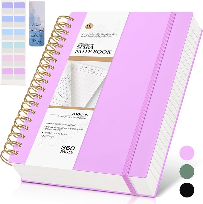 Spiral Notebook Journal College Ruled, 360 Pages Lined Thick Journals for Women Men, B5 Big Notebooks with 100GSM Paper, Spiral Bound Journaling for Writing Work School Purple 7.6"×10"