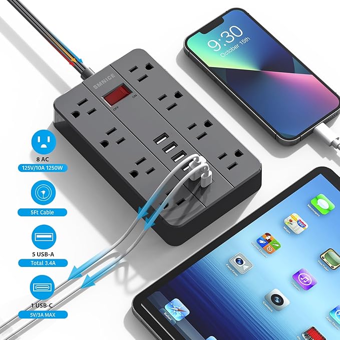 Power Strip with USB,SMNICE Surge Protector Flat Plug with 8 Widely-Spaced Outlets & 6 USB(1USB C) Ports, Wall Mountable 5ft Extension Cord for Smartphone Tablet Laptop Computer Multiple Devices